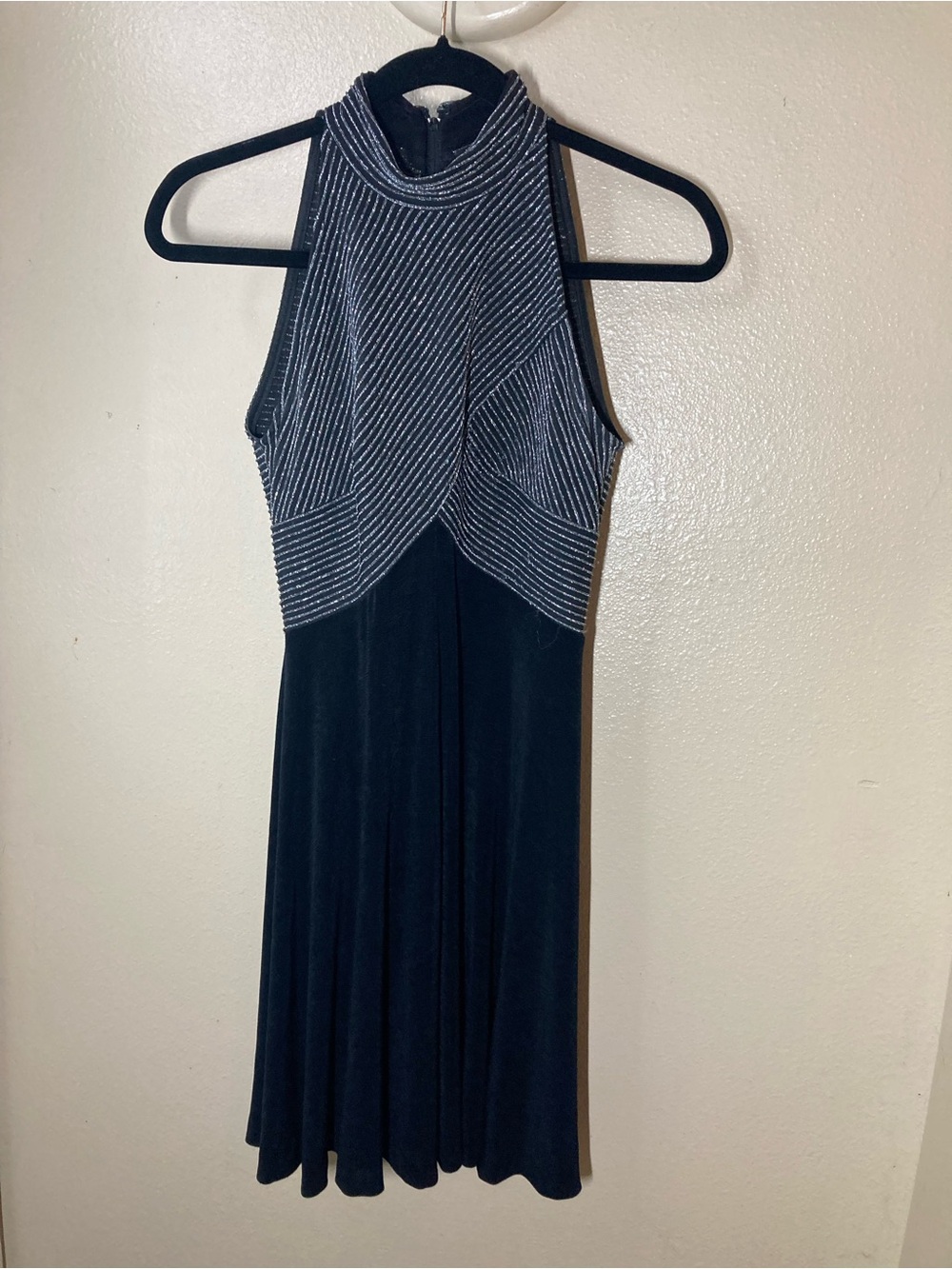 Vintage Tadashi Sleeveless Crossover Neck High Midi Dress Black Metallic/Silver